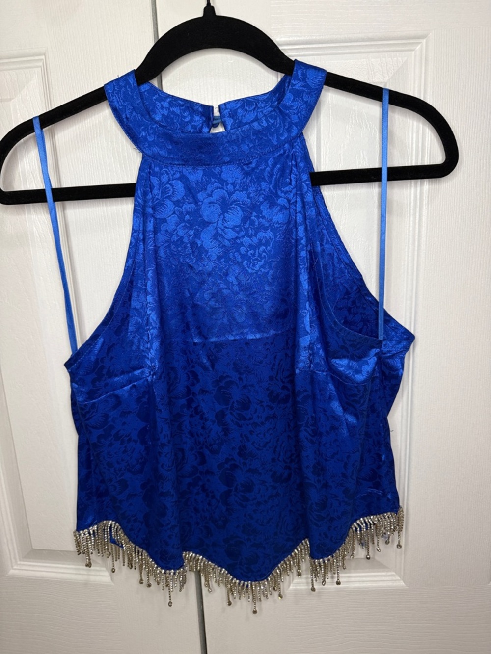 Willow & Root Halter Tank Top in Royal Blue with cascading gems